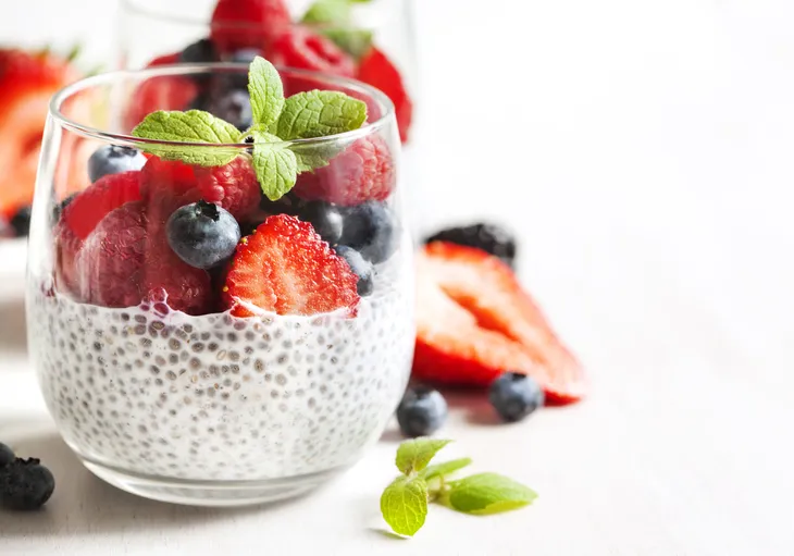 Chia seeds pudding with fresh berries on top 