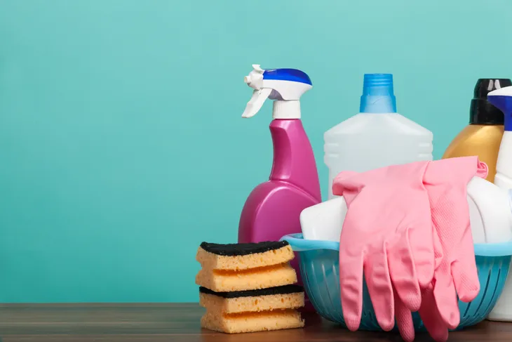 Basket of cleaning supplies