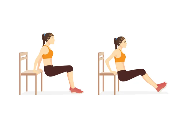 Woman strengthening arms with chair dips