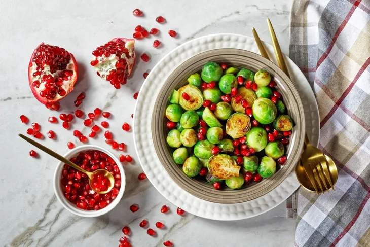 roasted brussels sprout salad with pomegranate seeds